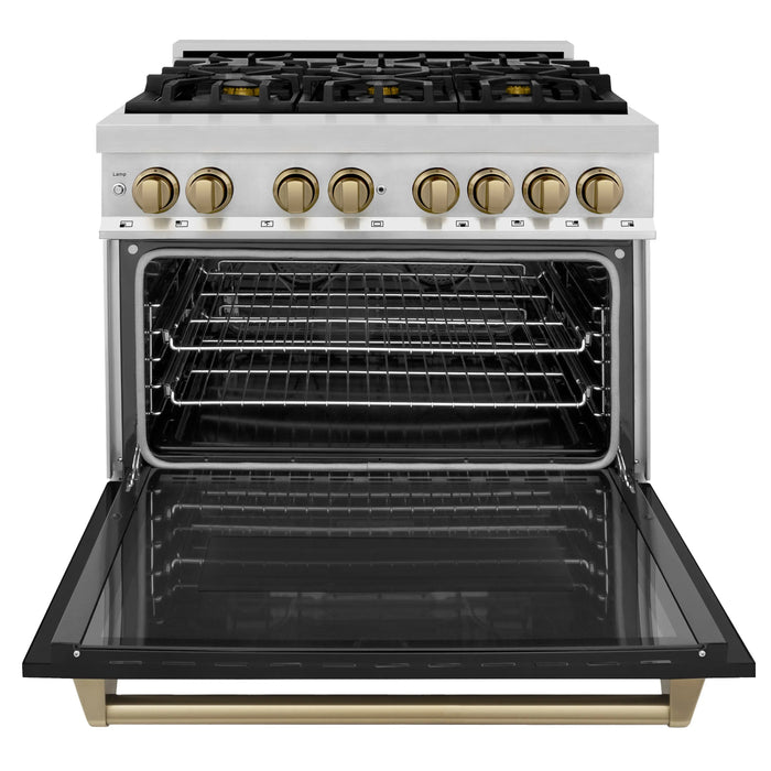 ZLINE 36" Autograph Edition Dual Fuel Range in Stainless Steel with Black Matte Door and Champagne Bronze Accents, RAZ-BLM-36-CB ZLINE Dreamwood Living