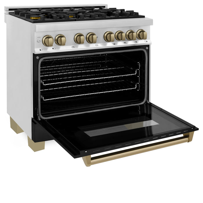 ZLINE 36" Autograph Edition Dual Fuel Range in Stainless Steel with Black Matte Door and Champagne Bronze Accents, RAZ-BLM-36-CB ZLINE Dreamwood Living