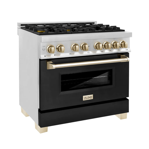 ZLINE 36" Autograph Edition Dual Fuel Range in Stainless Steel with Black Matte Door and Polished Gold Accents, RAZ-BLM-36-G ZLINE Dreamwood Living