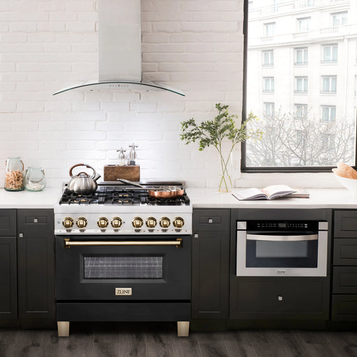 ZLINE 36" Autograph Edition Dual Fuel Range in Stainless Steel with Black Matte Door and Polished Gold Accents, RAZ-BLM-36-G ZLINE Dreamwood Living