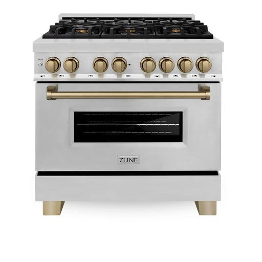 ZLINE 36" Autograph Edition Dual Fuel Range in Stainless Steel with Champagne Bronze Accent, RAZ-36-CB ZLINE