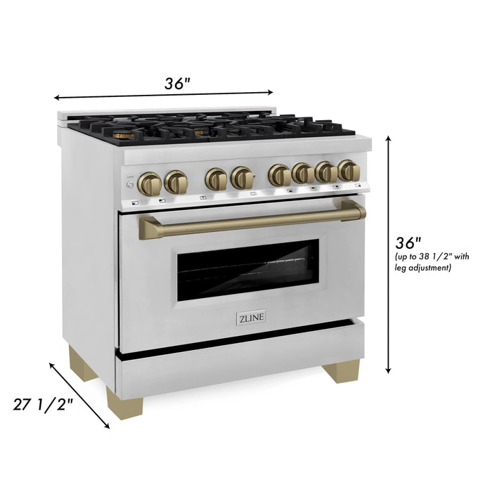 ZLINE 36" Autograph Edition Dual Fuel Range in Stainless Steel with Champagne Bronze Accent, RAZ-36-CB ZLINE