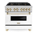 ZLINE 36" Autograph Edition Dual Fuel Range in Stainless Steel with White Matte Door and Gold Accents, RAZ-WM-36-G ZLINE Dreamwood Living