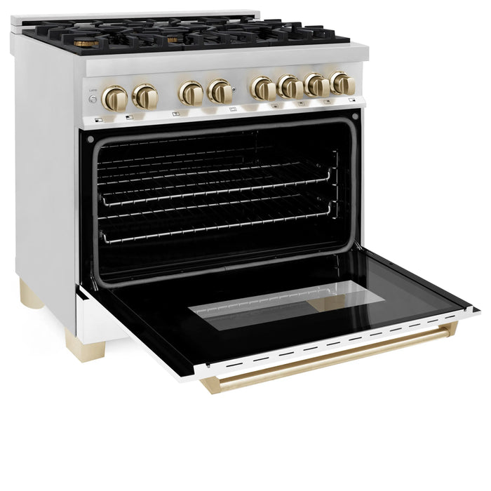 ZLINE 36" Autograph Edition Dual Fuel Range in Stainless Steel with White Matte Door and Gold Accents, RAZ-WM-36-G ZLINE Dreamwood Living