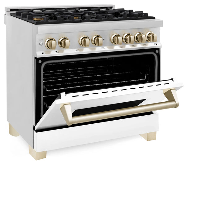 ZLINE 36" Autograph Edition Dual Fuel Range in Stainless Steel with White Matte Door and Gold Accents, RAZ-WM-36-G ZLINE Dreamwood Living