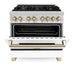 ZLINE 36" Autograph Edition Dual Fuel Range in Stainless Steel with White Matte Door and Gold Accents, RAZ-WM-36-G ZLINE Dreamwood Living