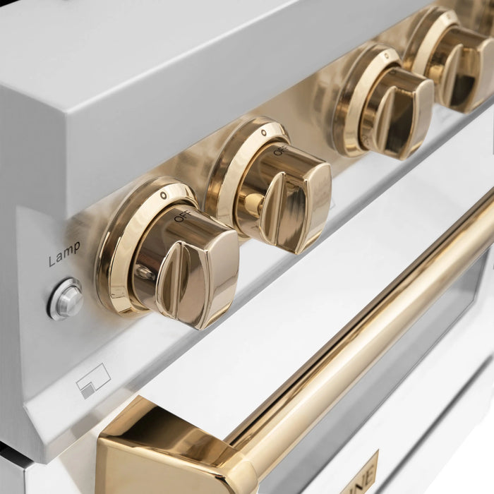 ZLINE 36" Autograph Edition Dual Fuel Range in Stainless Steel with White Matte Door and Gold Accents, RAZ-WM-36-G ZLINE Dreamwood Living