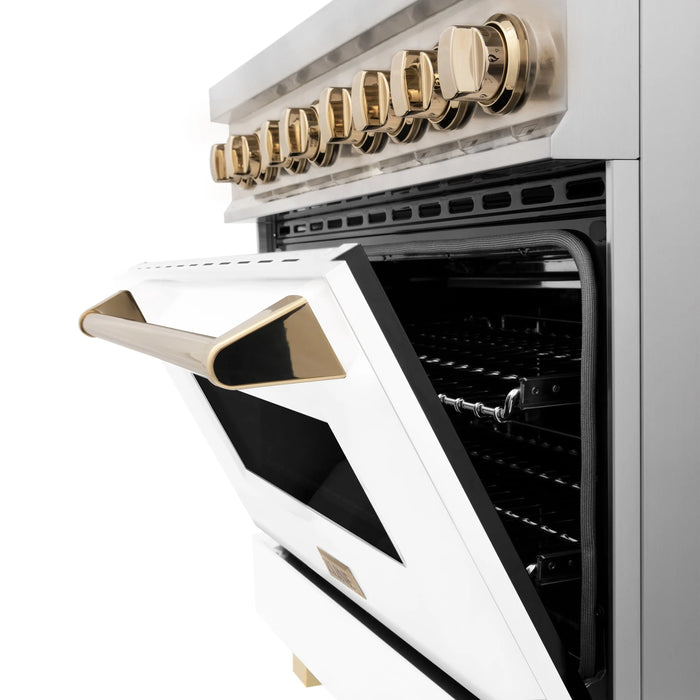 ZLINE 36" Autograph Edition Dual Fuel Range in Stainless Steel with White Matte Door and Gold Accents, RAZ-WM-36-G ZLINE Dreamwood Living