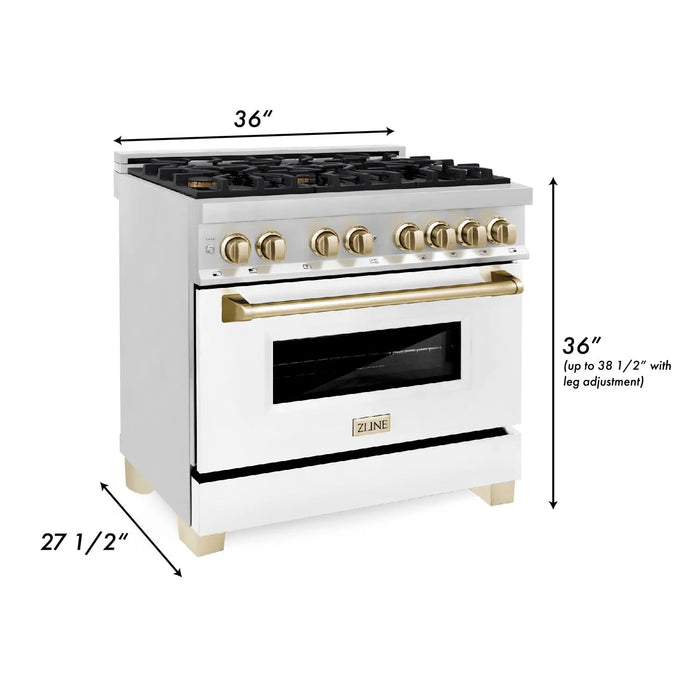 ZLINE 36" Autograph Edition Dual Fuel Range in Stainless Steel with White Matte Door and Gold Accents, RAZ-WM-36-G ZLINE Dreamwood Living