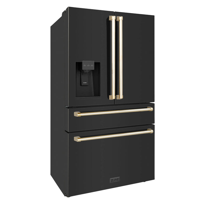 ZLINE 36" Autograph Edition Refrigerator in Black Fingerprint Resistant Stainless Steel with Gold Accents, RFMZ-W-36-BS-G ZLINE
