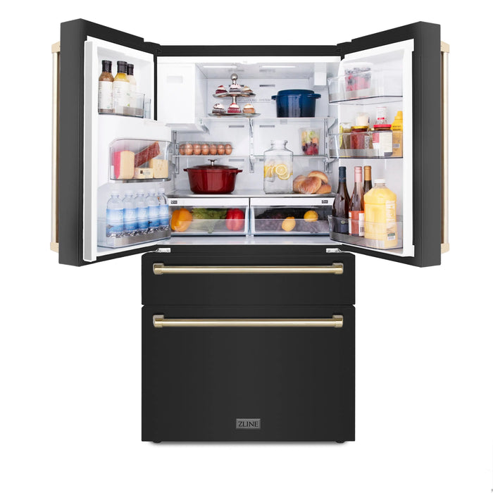 ZLINE 36" Autograph Edition Refrigerator in Black Fingerprint Resistant Stainless Steel with Gold Accents, RFMZ-W-36-BS-G ZLINE