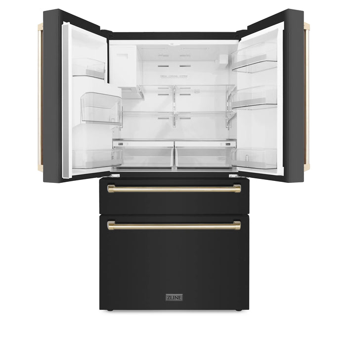 ZLINE 36" Autograph Edition Refrigerator in Black Fingerprint Resistant Stainless Steel with Gold Accents, RFMZ-W-36-BS-G ZLINE