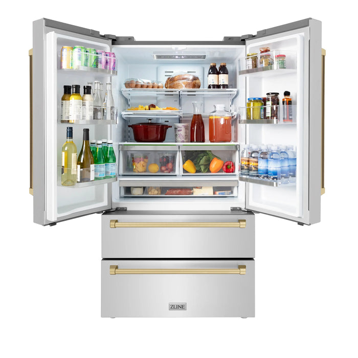 ZLINE 36" Autograph Edition Refrigerator in Fingerprint Resistant Stainless Steel and Champagne Bronze Accents, RFMZ-36-CB ZLINE