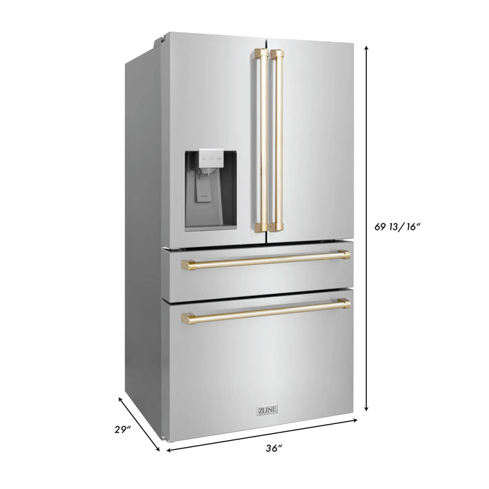 ZLINE 36" Autograph Edition Refrigerator in Fingerprint Resistant Stainless Steel with Gold Accents, RFMZ-W-36-G ZLINE