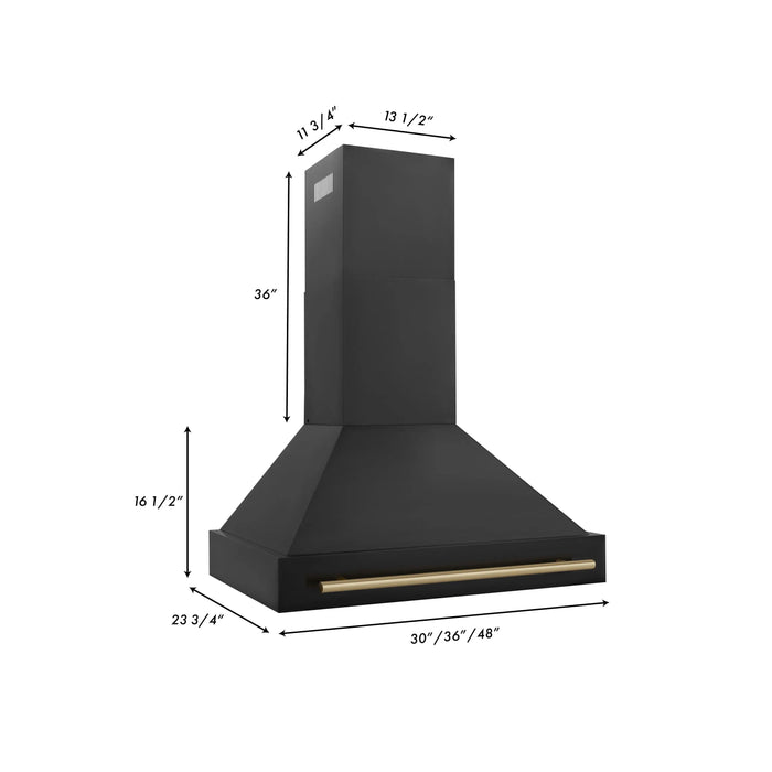 ZLINE 36" Autograph Edition Wall Mount Range Hood in Black Stainless Steel with Champagne Bronze Handle, BS655Z-36-CB ZLINE