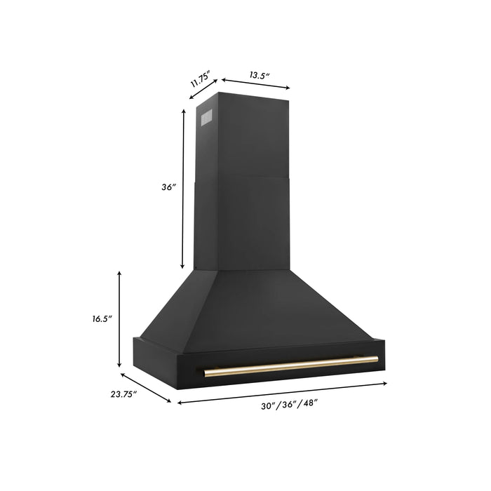 ZLINE 36" Autograph Edition Wall Mount Range Hood in Black Stainless Steel with Gold Handle, BS655Z-36-G ZLINE