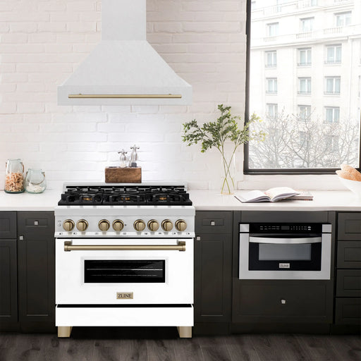 ZLINE 36" Autograph Edition Wall Mount Range Hood in DuraSnow® Stainless Steel with DuraSnow® Shell and Champagne Bronze Handle, 8654SNZ-36-CB ZLINE Dreamwood Living