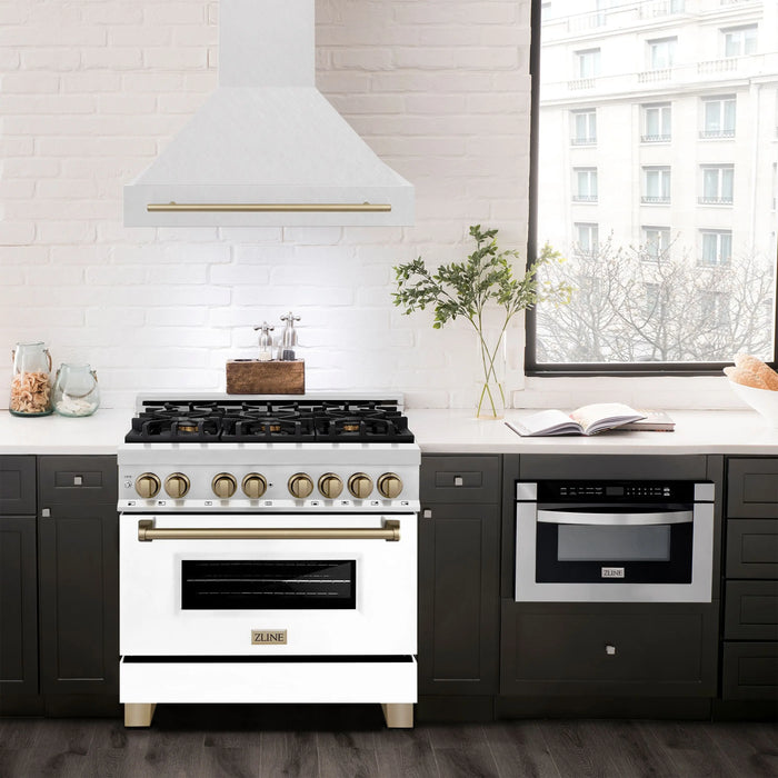 ZLINE 36" Autograph Edition Wall Mount Range Hood in DuraSnow® Stainless Steel with DuraSnow® Shell and Champagne Bronze Handle, 8654SNZ-36-CB ZLINE Dreamwood Living