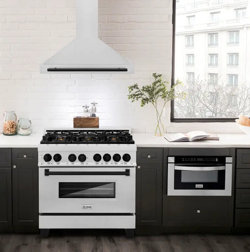ZLINE 36" Autograph Edition Wall Mount Range Hood in DuraSnow® Stainless Steel with Matte Black Handle, KB4SNZ-36-MB ZLINE Dreamwood Living