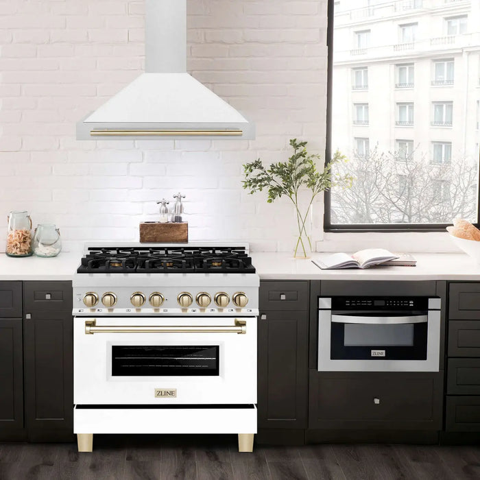 ZLINE 36" Autograph Edition Wall Mount Range Hood in DuraSnow® Stainless Steel with White Matte Shell and Black Handle, KB4SNZ-WM36-MB ZLINE Dreamwood Living