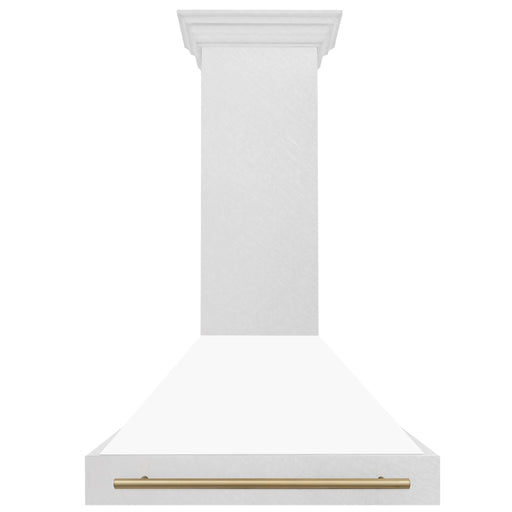 ZLINE 36" Autograph Edition Wall Mount Range Hood in  DuraSnow® Stainless Steel with White Matte Shell and Champagne Bronze Handle, 8654SNZ-WM36-CB ZLINE Dreamwood Living