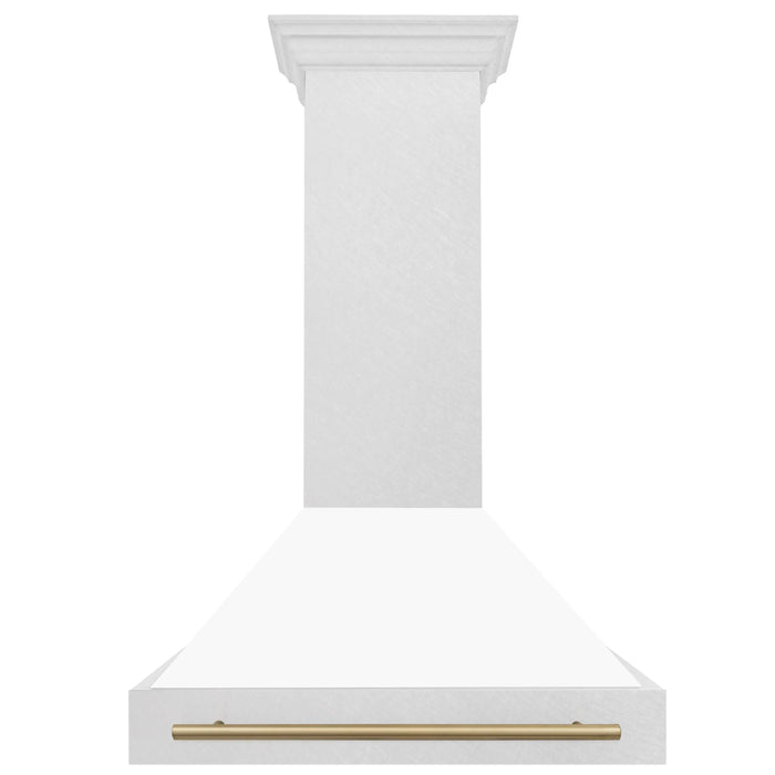 ZLINE 36" Autograph Edition Wall Mount Range Hood in  DuraSnow® Stainless Steel with White Matte Shell and Champagne Bronze Handle, 8654SNZ-WM36-CB ZLINE Dreamwood Living