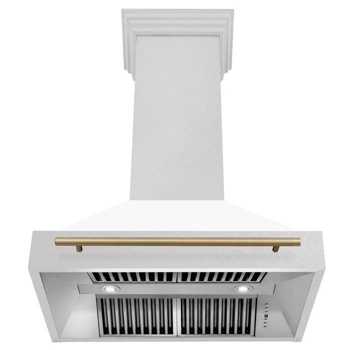 ZLINE 36" Autograph Edition Wall Mount Range Hood in  DuraSnow® Stainless Steel with White Matte Shell and Champagne Bronze Handle, 8654SNZ-WM36-CB ZLINE Dreamwood Living