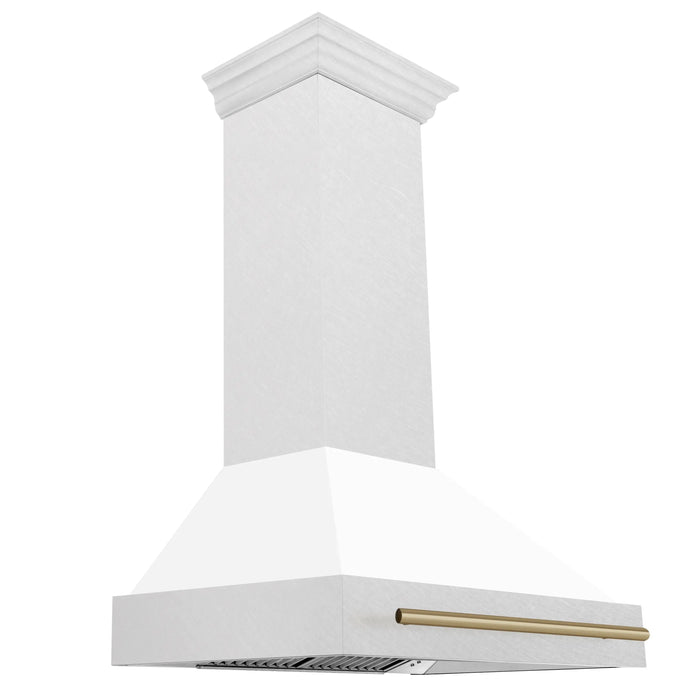 ZLINE 36" Autograph Edition Wall Mount Range Hood in  DuraSnow® Stainless Steel with White Matte Shell and Champagne Bronze Handle, 8654SNZ-WM36-CB ZLINE Dreamwood Living