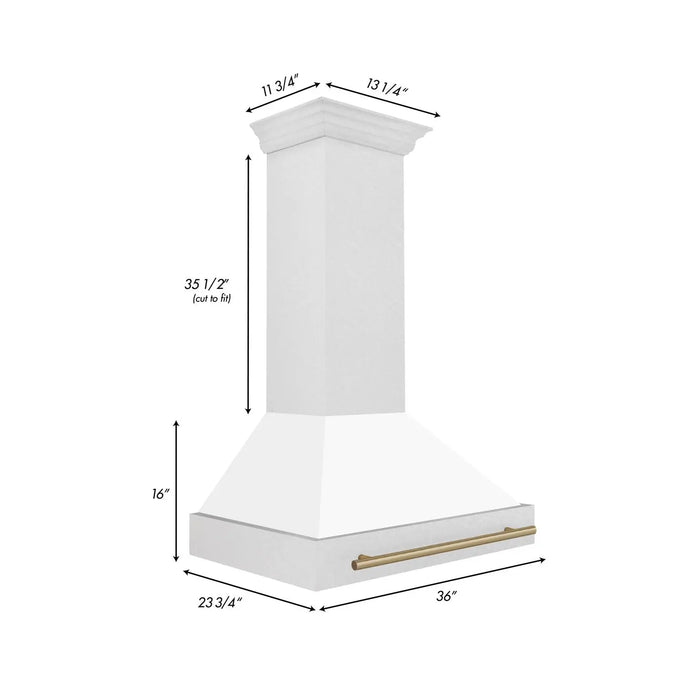 ZLINE 36" Autograph Edition Wall Mount Range Hood in  DuraSnow® Stainless Steel with White Matte Shell and Champagne Bronze Handle, 8654SNZ-WM36-CB ZLINE Dreamwood Living