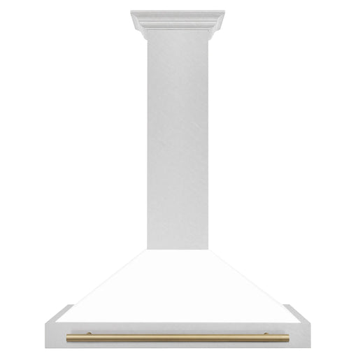 ZLINE 36" Autograph Edition Wall Mount Range Hood in DuraSnow® Stainless Steel with White Matte Shell and Champagne Bronze Handle, KB4SNZ-WM36-CB ZLINE Dreamwood Living
