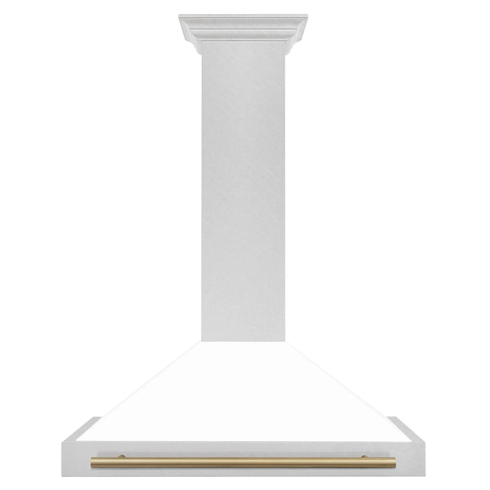 ZLINE 36" Autograph Edition Wall Mount Range Hood in DuraSnow® Stainless Steel with White Matte Shell and Champagne Bronze Handle, KB4SNZ-WM36-CB ZLINE Dreamwood Living