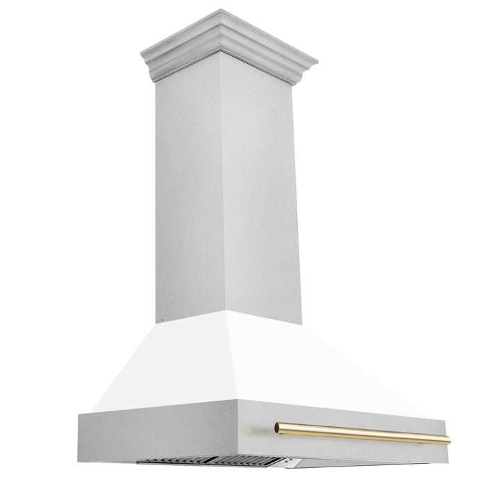 ZLINE 36" Autograph Edition Wall Mount Range Hood in DuraSnow® Stainless Steel with White Matte Shell and Gold Handle, 8654SNZ-WM36-G ZLINE Dreamwood Living