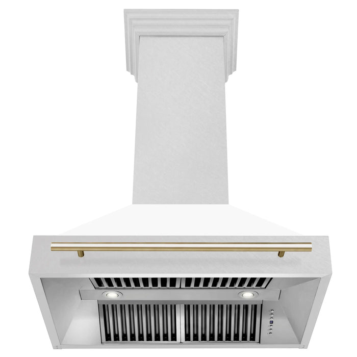 ZLINE 36" Autograph Edition Wall Mount Range Hood in DuraSnow® Stainless Steel with White Matte Shell and Gold Handle, 8654SNZ-WM36-G ZLINE Dreamwood Living