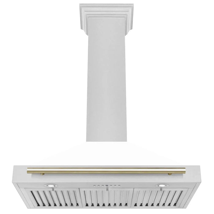 ZLINE 36" Autograph Edition Wall Mount Range Hood in DuraSnow® Stainless Steel with White Matte Shell and Gold Handle, KB4SNZ-WM36-G ZLINE Dreamwood Living