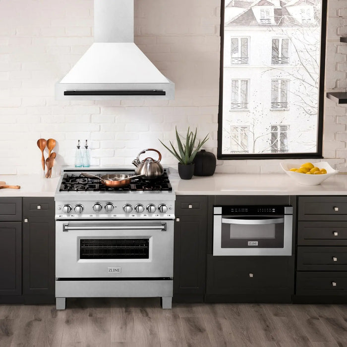 ZLINE 36" Autograph Edition Wall Mount Range Hood in DuraSnow® Stainless Steel with White Matte Shell and Matte Black Handle, 8654SNZ-WM36-MB ZLINE Dreamwood Living