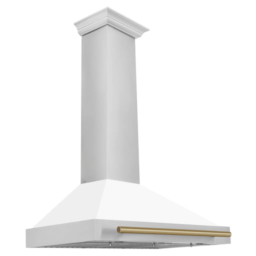 ZLINE 36" Autograph Edition Wall Mount Range Hood in Stainless Steel with White Matte Shell and Champagne Bronze Handle, KB4STZ-WM36-CB ZLINE
