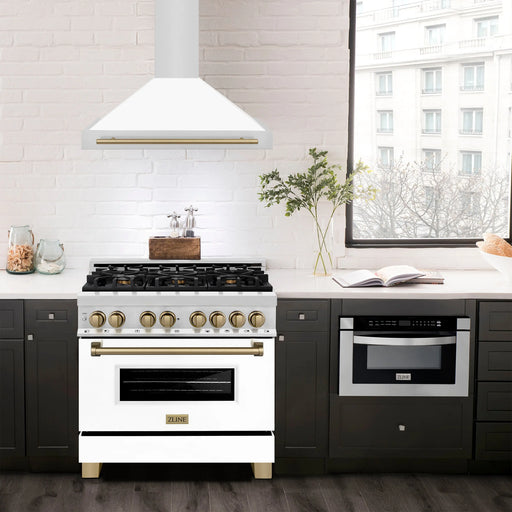 ZLINE 36" Autograph Edition Wall Mount Range Hood in Stainless Steel with White Matte Shell and Champagne Bronze Handle, KB4STZ-WM36-CB ZLINE