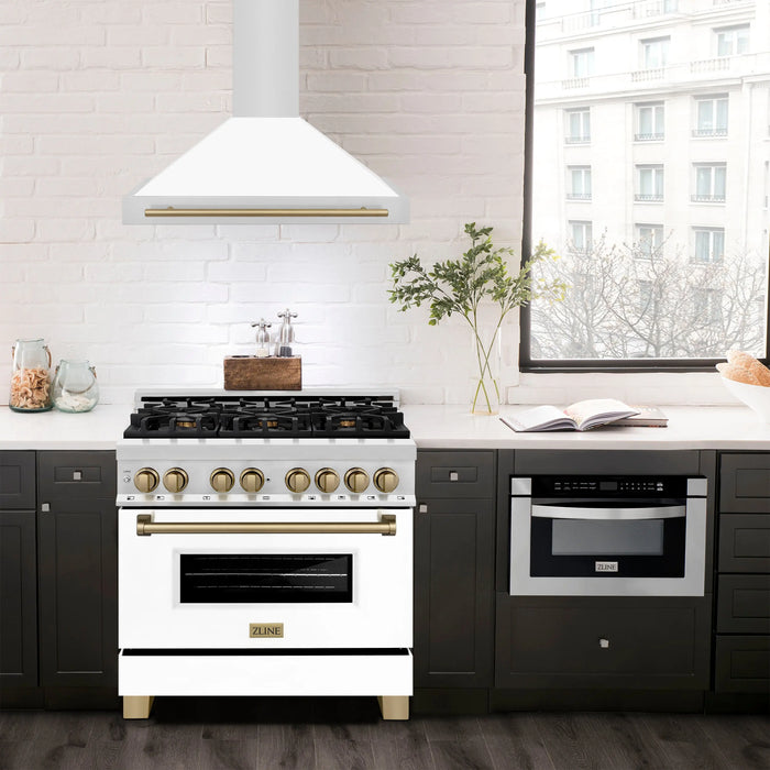 ZLINE 36" Autograph Edition Wall Mount Range Hood in Stainless Steel with White Matte Shell and Champagne Bronze Handle, KB4STZ-WM36-CB ZLINE