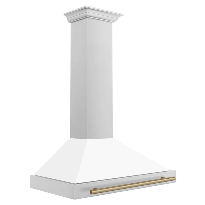 ZLINE 36" Autograph Edition Wall Mount Range Hood in Stainless Steel with White Matte Shell and Champagne Bronze Handle, KB4STZ-WM36-CB ZLINE