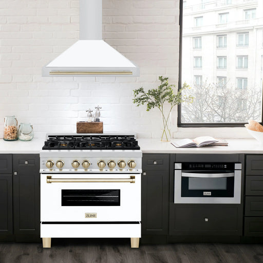 ZLINE 36" Autograph Edition Wall Mount Range Hood in Stainless Steel with a Matte White Shell and Gold Handle, KB4STZ-WM36-G ZLINE