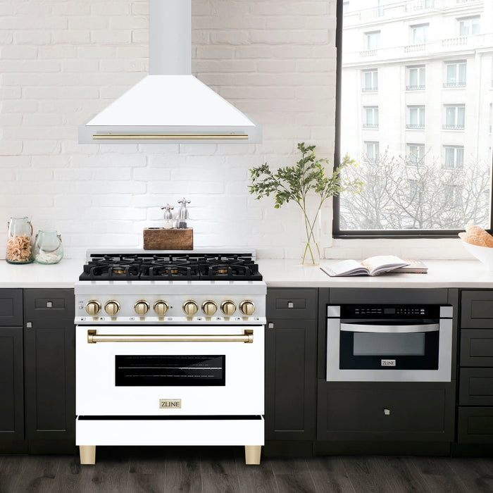 ZLINE 36" Autograph Edition Wall Mount Range Hood in Stainless Steel with a Matte White Shell and Gold Handle, KB4STZ-WM36-G ZLINE