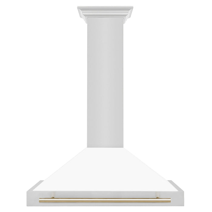 ZLINE 36" Autograph Edition Wall Mount Range Hood in Stainless Steel with a Matte White Shell and Gold Handle, KB4STZ-WM36-G ZLINE