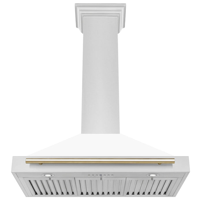 ZLINE 36" Autograph Edition Wall Mount Range Hood in Stainless Steel with a Matte White Shell and Gold Handle, KB4STZ-WM36-G ZLINE