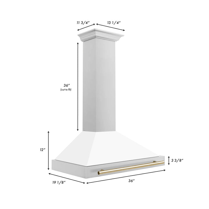 ZLINE 36" Autograph Edition Wall Mount Range Hood in Stainless Steel with a Matte White Shell and Gold Handle, KB4STZ-WM36-G ZLINE