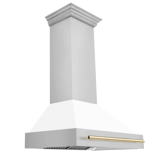 ZLINE 36" Autograph Edition Wall Mount Range Hood with White Matte Shell and Gold Handle, 8654STZ-WM36-G ZLINE Dreamwood Living