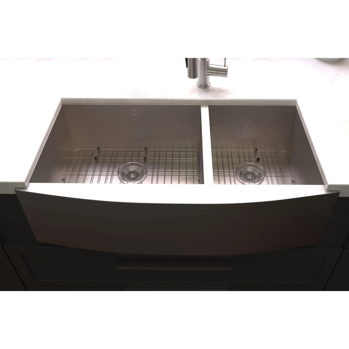 ZLINE 36" Courchevel Farmhouse Apron Mount Double Bowl Kitchen Sink in DuraSnow® Stainless Steel with Bottom Grid, SA60D-36S ZLINE Dreamwood Living