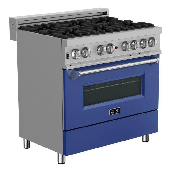 ZLINE 36" Dual Fuel Range in DuraSnow® Stainless Steel with Blue Matte Door, RAS-BM-36 ZLINE Dreamwood Living