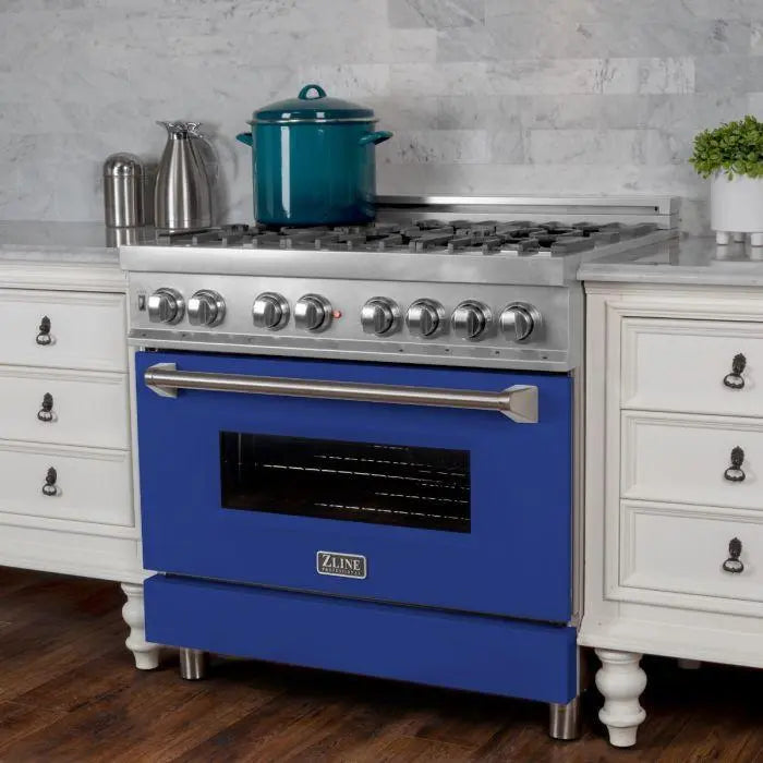 ZLINE 36" Dual Fuel Range in DuraSnow® Stainless Steel with Blue Matte Door, RAS-BM-36 ZLINE Dreamwood Living