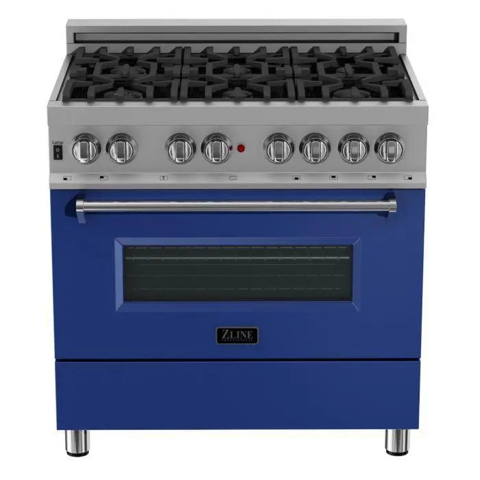 ZLINE 36" Dual Fuel Range in DuraSnow® Stainless Steel with Blue Matte Door, RAS-BM-36 ZLINE Dreamwood Living