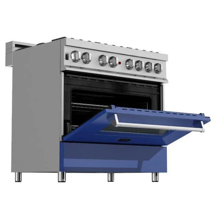 ZLINE 36" Dual Fuel Range in DuraSnow® Stainless Steel with Blue Matte Door, RAS-BM-36 ZLINE Dreamwood Living